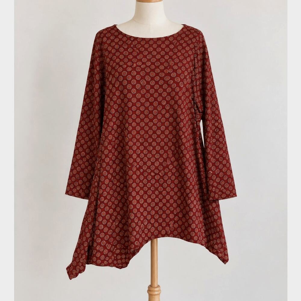 Tulip Cotton Tunic Top Size M Red Geometric Print Asymmetrical Lagenlook India